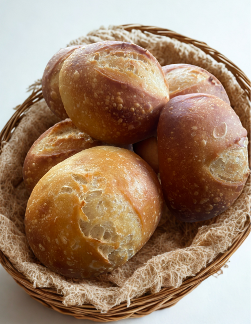 Basket of sourdough bread rolls on a white background